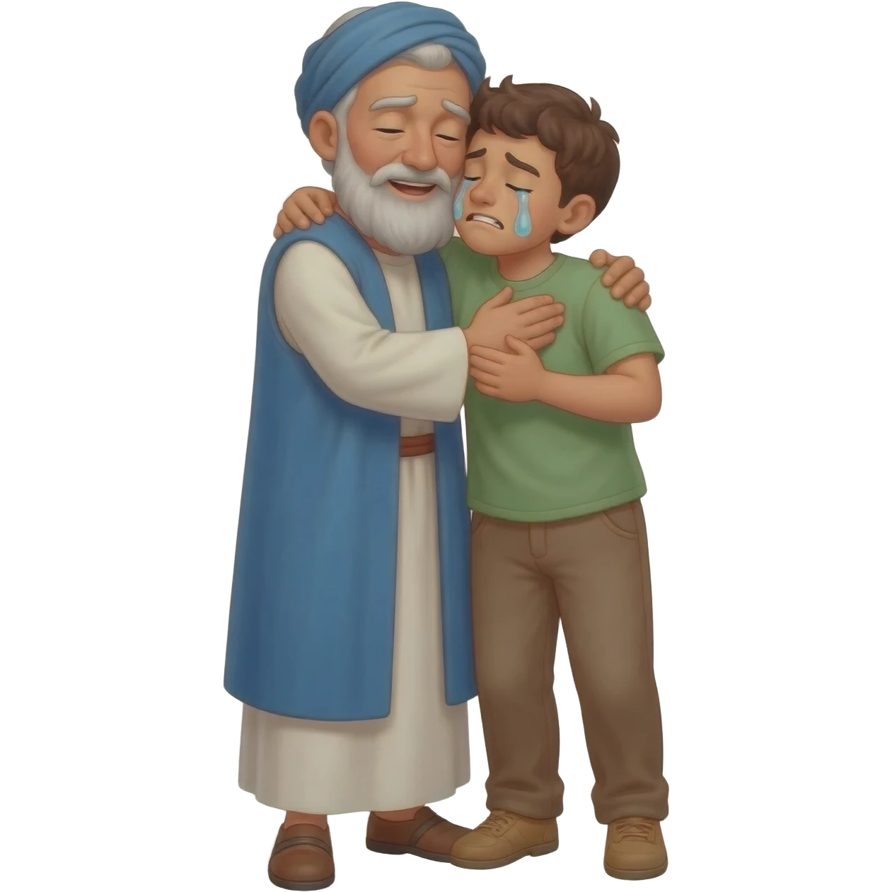нарисуй как отец обнимет с любовью и слезами  сына возростом 20-24  года во весь рост  ,  времена древнего иерусалима emoji