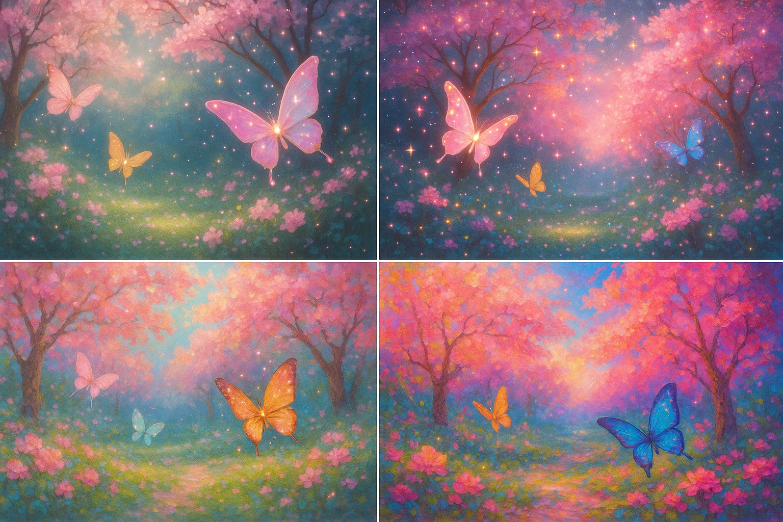 a magical pink paradise garden with cherry blossoms, butterflies, and gentle light, in four distinct visual interpretations emoji