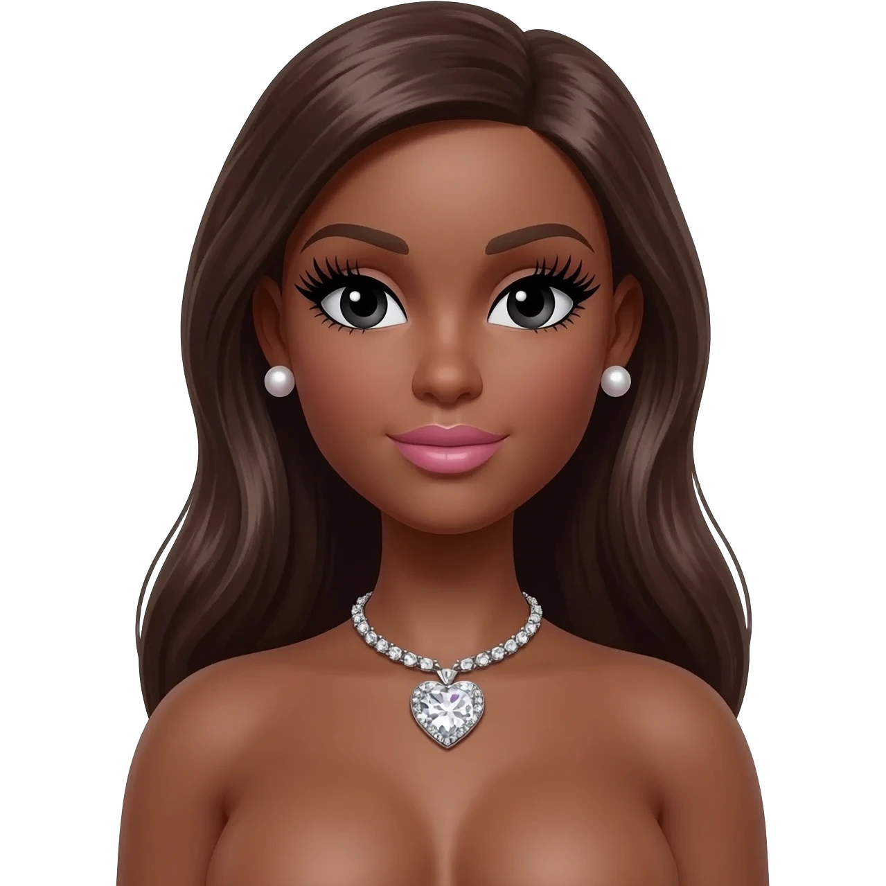 pearl earrings stud, Long giant lashes, Doll faced shaped,swarovski heart with Rhodium plated necklace, bimbo, black doll eyes, barbie, dark brown skin, with long dark brown hair, light pink, big breast emoji