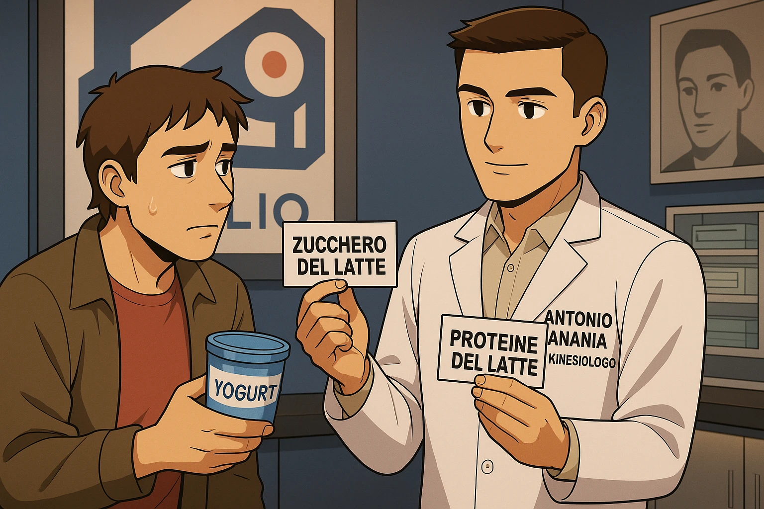 fai un webtoon manga a colori con questo stile, in cui un uomo ASCOLTA Il kinesiologo con il camice bianco (fagli anche la scritta "ANTONIO ANANIA" SUL CAMICE, IL KINESIOLOGO SPIEGA ALL'UOMO UNA COSA TENENDO DUE FOGLIETTINI IN MANO, UNO CON LA SCRITTA "ZUCCHERO DEL LATTE" E UNA CON LA SCRITTA "PROTEINE DEL LATTE". L'UOMO OSSERVA LO YOGURT CHE HA IN MANO CON ESPRESSIONE DUBBIOSA IN VOLTO. non fare i fumetti però, fai solo in modo che sembri stiano parlando emoji