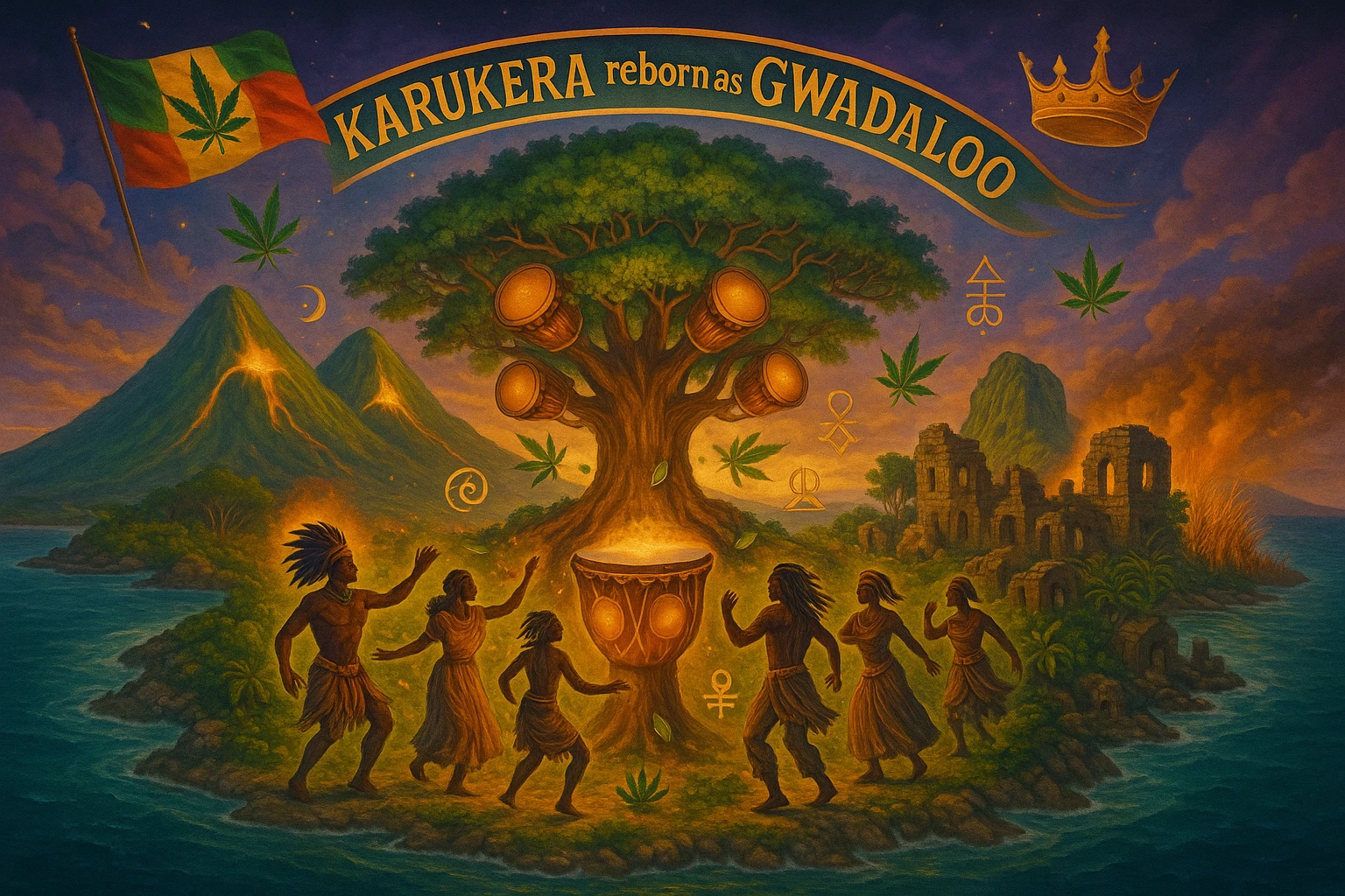 Create a powerful, surreal vision of the Caribbean island Guadeloupe, reimagined as ‘Guadeloupe' — its sacred, sovereign identity restored. The island is lush, tropical, and volcanic, with two green volcanoes glowing golden at the peaks. In the center stands a giant mystical Drum Tree, its branches bearing carved drums instead of fruit, glowing with rhythmic light. Ancestral spirits of African and indigenous lineage dance in a circle around the tree, surrounded by floating ganja leaves and sacred symbols. Sugarcane fields burn gently in the background, symbolizing the end of colonial suffering. Ruins of colonial buildings crumble into the earth, reclaimed by vines and jungle. Above the island, a glowing banner in the sky reads: ‘Karukera reborn as Gwadaloo.’ A ganja-leaf flag waves high in red, green, and gold, and a golden Creole crown floats in the sky above the island — not worn by any man, but held in rhythm. The ocean is turquoise, the light is divine, and the entire scene radiates spiritual victory, cultural remembrance, and cosmic rhythm. Use a warm, cinematic palette of golds, greens, blues, and purples. Style should feel epic, sacred, and symbolic — a rebirth of Caribbean power. emoji