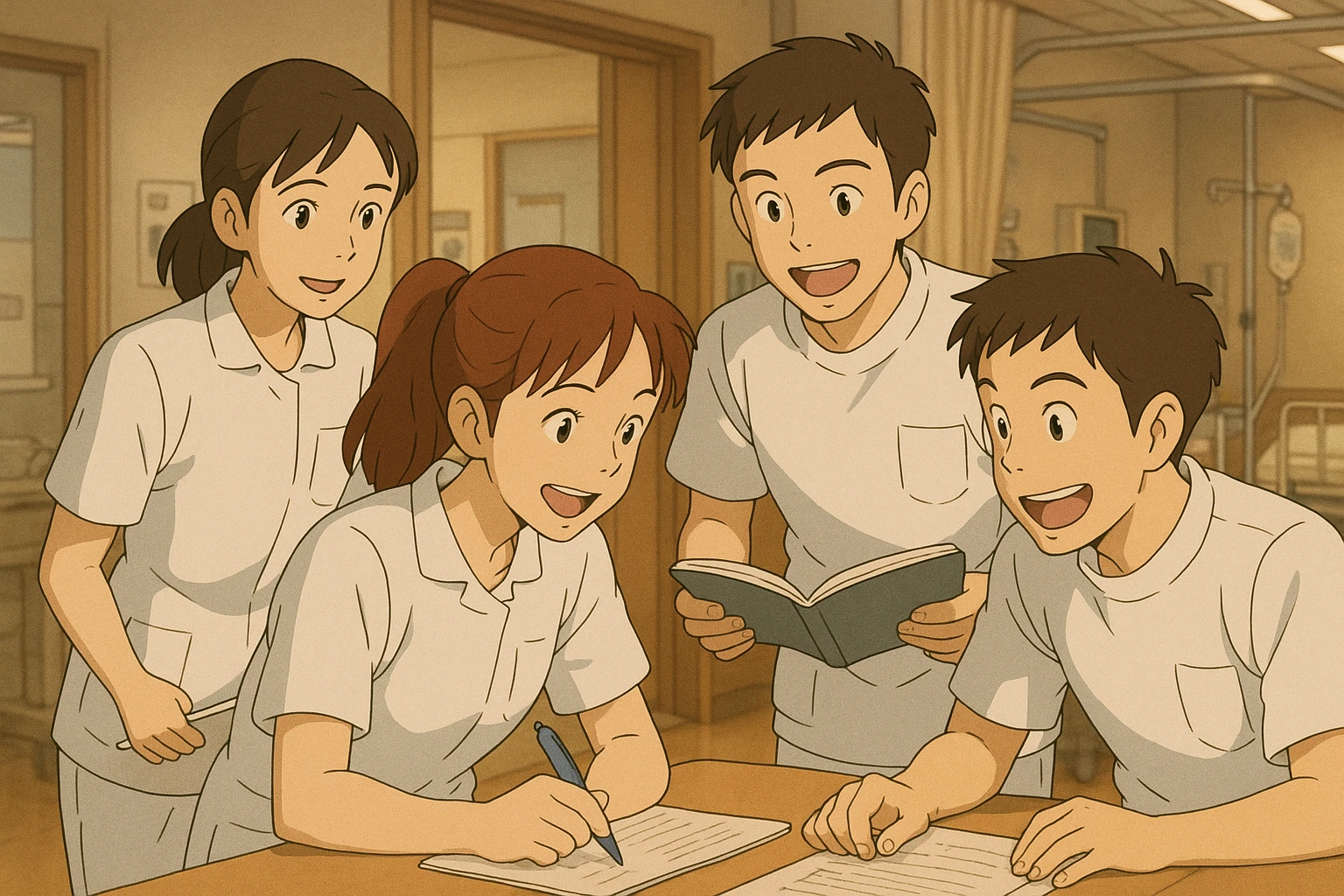 Quatre étudiants infirmiers en intérieur, style Ghibli, travaillant en collaboration et en interaction. Uniformes blancs à manches courtes, hauts type tunique médicale avec col en V et poche poitrine à gauche, pas de pied de col, pas de stéthoscopes, avant-bras nus, cheveux longs attachés pour celles qui en ont. Ambiance chaleureuse, dynamique, décor intérieur d'hôpital ou de centre de soins. emoji