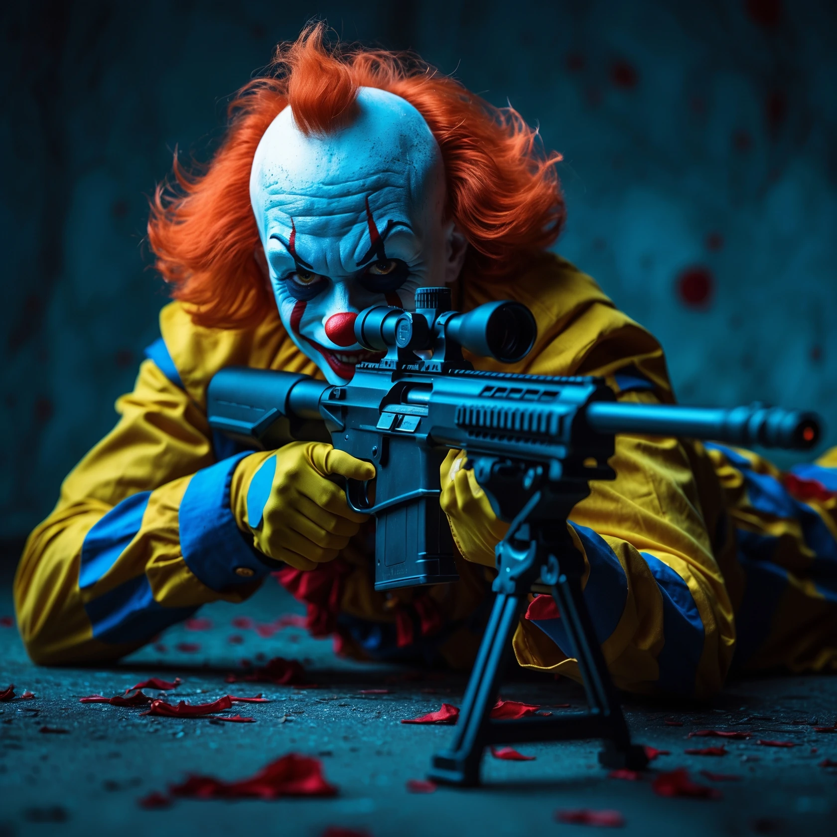 evil clown assassin prone aiming sniper rifle, dramatic intense glowing effects, single subject, no background emoji