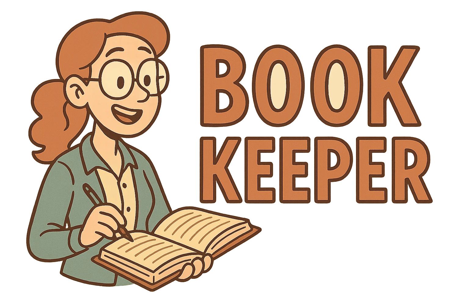 the word BOOKKEEPER in a clear and creative western adult animation cartoon style, suitable for a logo or icon emoji