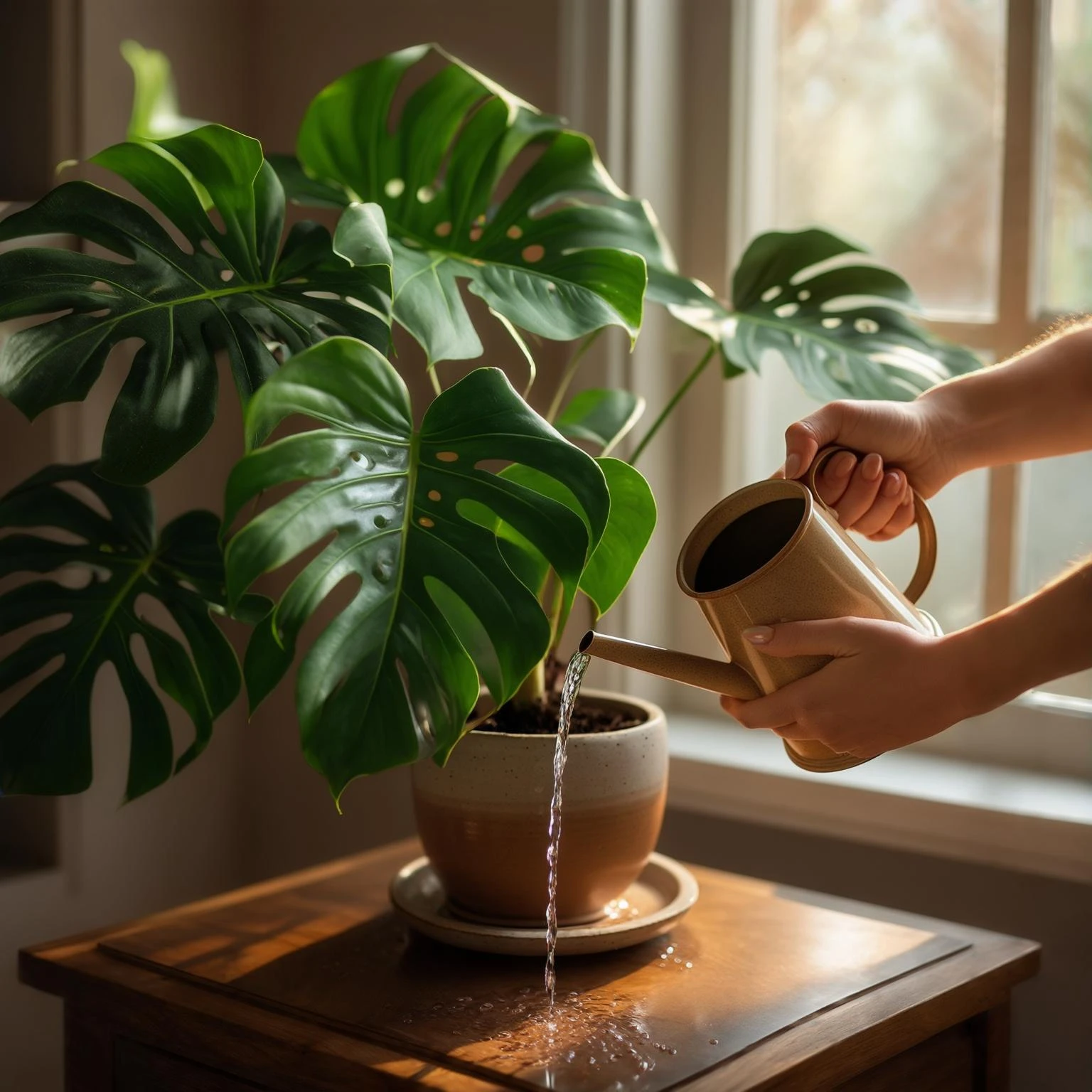 woman watering her monstera plant emoji