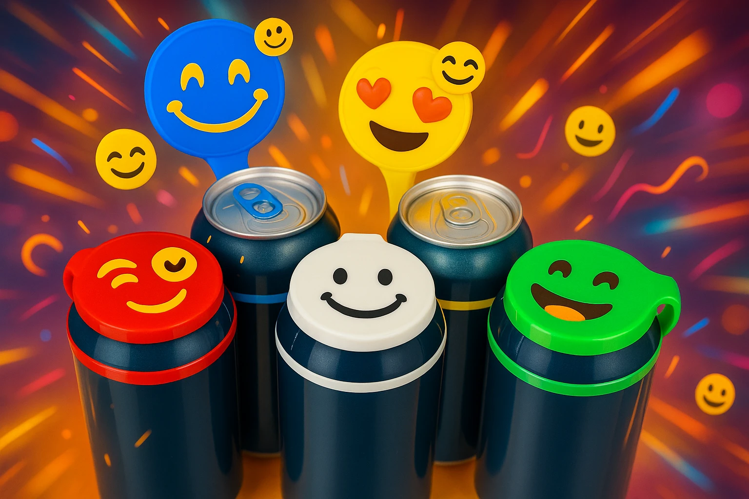 Rakj a kupakokra emoji-kat, smiley-kat, megváltoztathatod a háttereket. valósághű legyen a kép, 1000x600px méretű legyen. fiatal, dinamikusfotókat készíts! csak a kupak külső részére rakj mintát! emoji