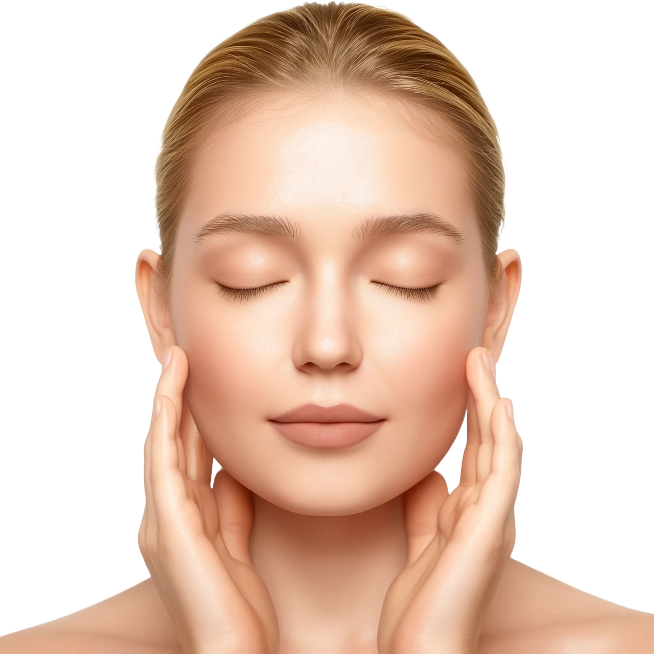 Close-up beauty portrait of a young white blonde woman with dewy, glowing skin, eyes closed, gently touching her cheeks with both hands. Her skin looks hydrated and luminous with a natural glossy finish. Soft neutral makeup, groomed brows, nude lips. Hair pulled back neatly. emoji