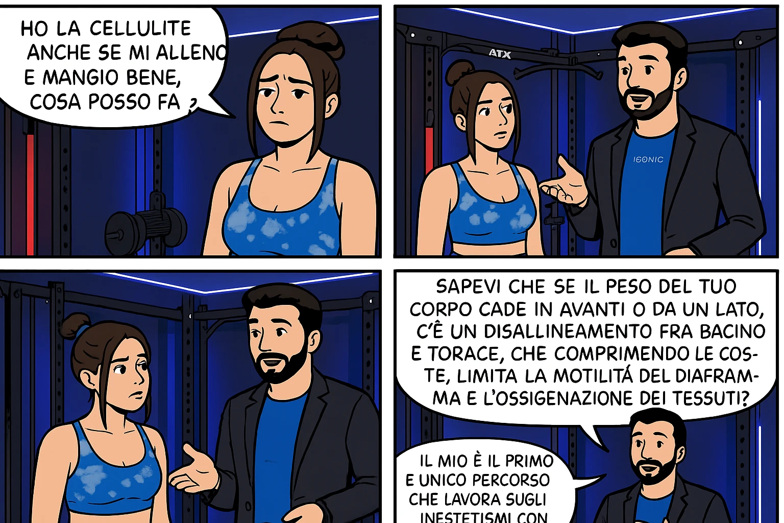 TRASFORMA QUESTO CAROSELLO IN UN FUMETTO CON QUESTE DUE PERSONE IDENTICHE CHE INTERLOQUISCONO TRA LORO:

LEI: Ho la cellulite anche se mi alleno e mangio bene, cosa posso fare?

LUI: Hai controllato il tuo baricentro corporeo?
Sapevi che se il peso del tuo corpo cade in avanti o da un lato, c’è un disallineamento fra bacino e torace, che comprimendo le coste, limita la motilità del diaframma e l’ossigenazione dei tessuti?
Il mio è il primo e unico percorso che lavora sugli inestetismi con un lavoro mirato sul baricentro corporeo. emoji