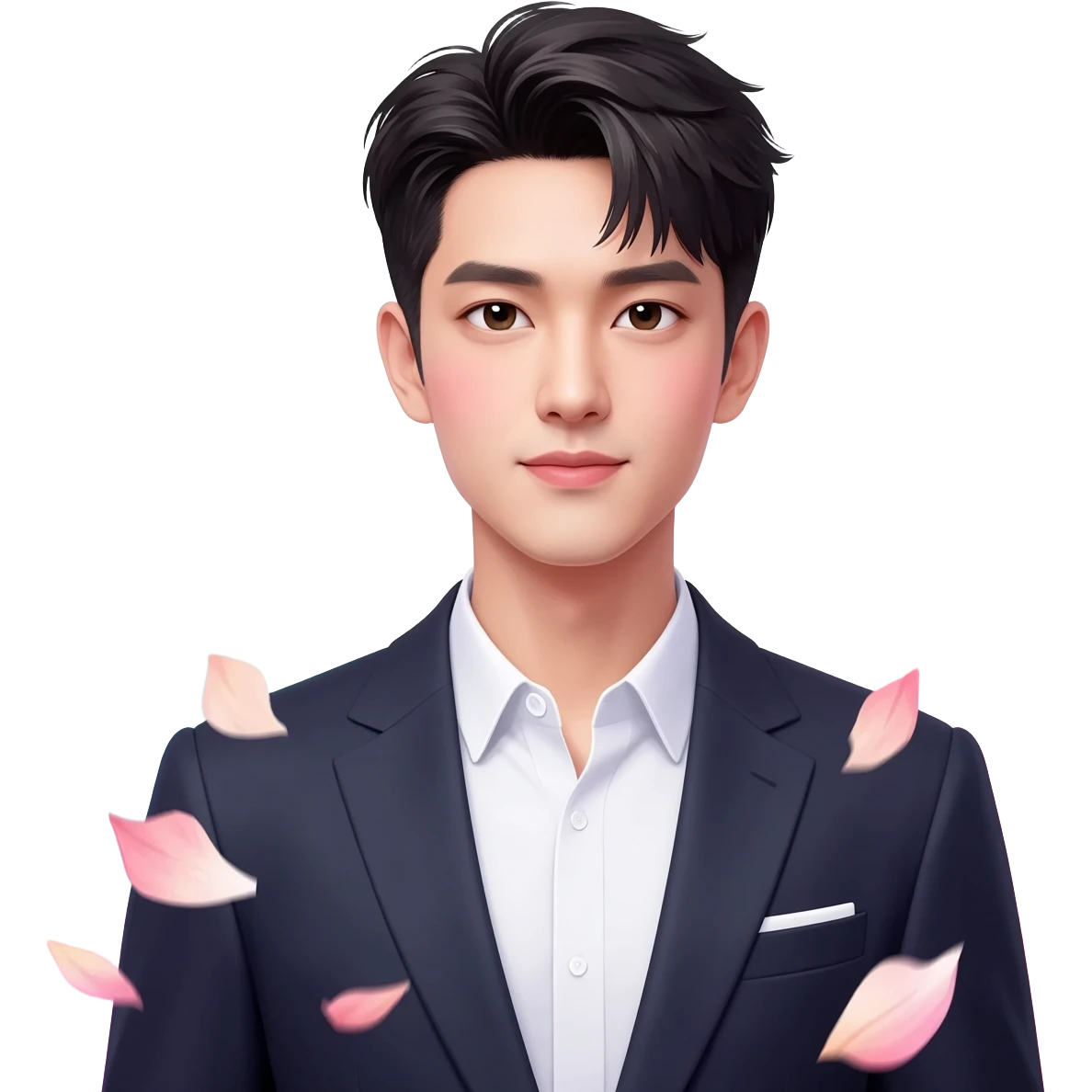 Gorgeous romantic anime style Asian formal modern gentlemanly guy with pretty hair and flower petals and blushing face aesthetic trending style with colorful gradient colors  pastelcore cottagecore kawaiicore emoji