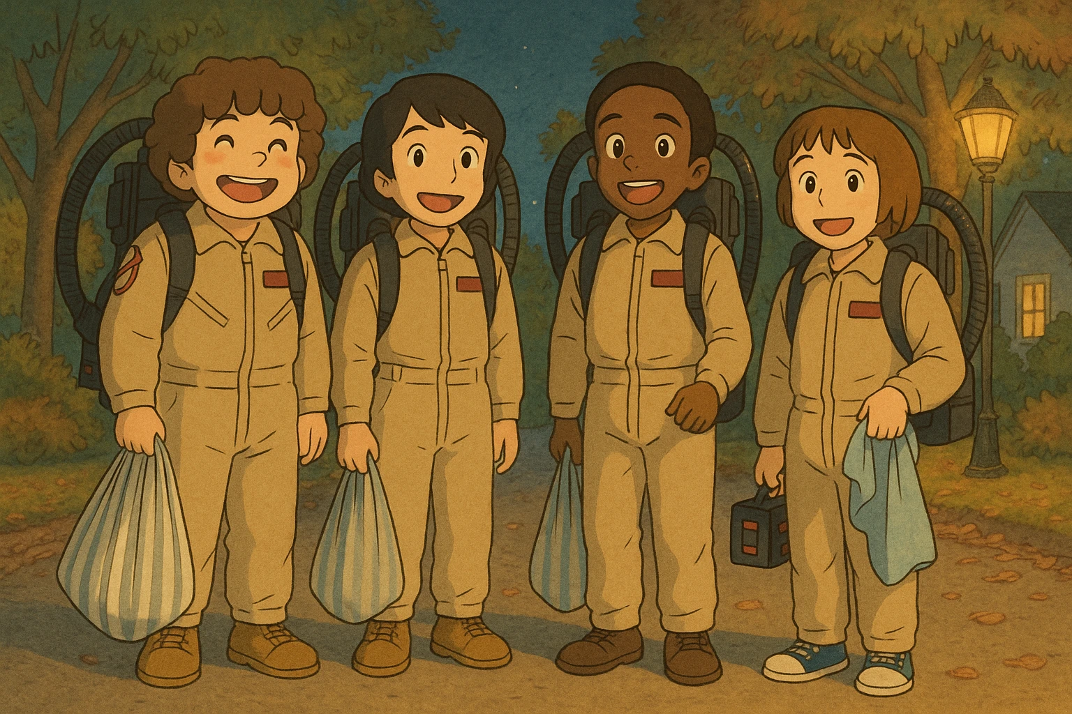 Dustin, Mike, Lucas and Will from Stranger Things dressed as Ghostbusters for Halloween, in Ghibli style with delicate strokes, thick dark contours, colored in pastel tones, with a slightly aged texture. Variation 1: all smiling, illuminated street in the background. emoji