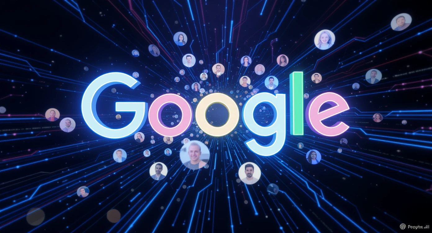 Futuristic Graphic of a flying aroundg google profiles with 3d disney style faces of people (Gradient black and blue background) emoji