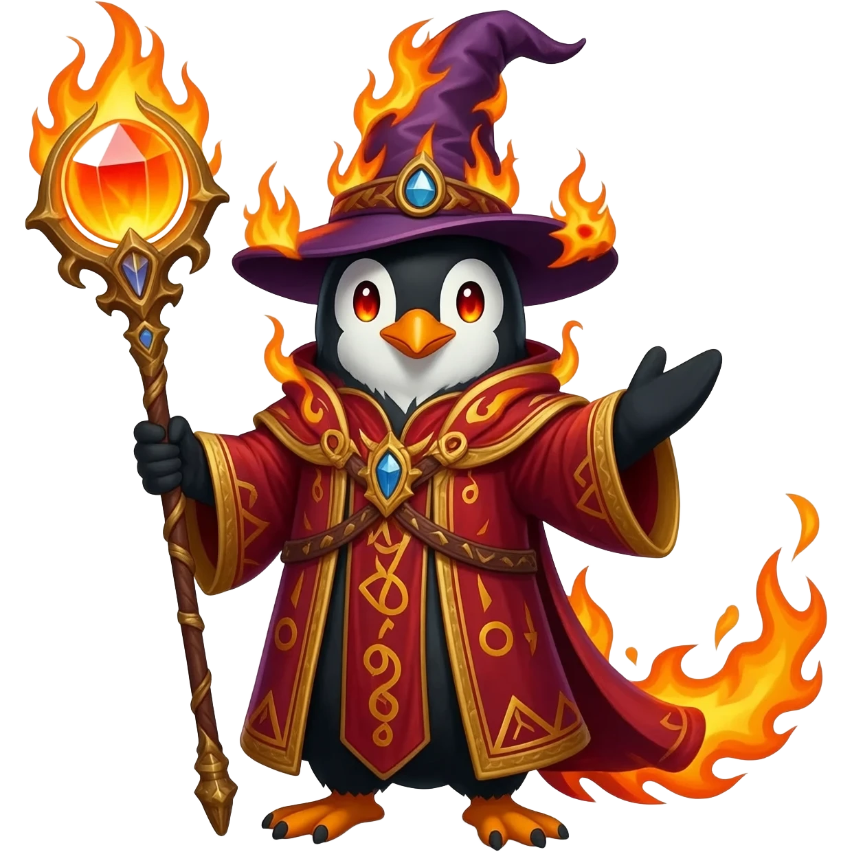 Vibrant fire wizard penguin with black-and-white feathers and glowing fiery-orange eyes. Wearing crimson-and-gold robes with flaming runes and tall wizard hat with burning embers. Holding ornate staff with blazing crystal orb. Swirling orange flames and embers emanate from its body and wings emoji