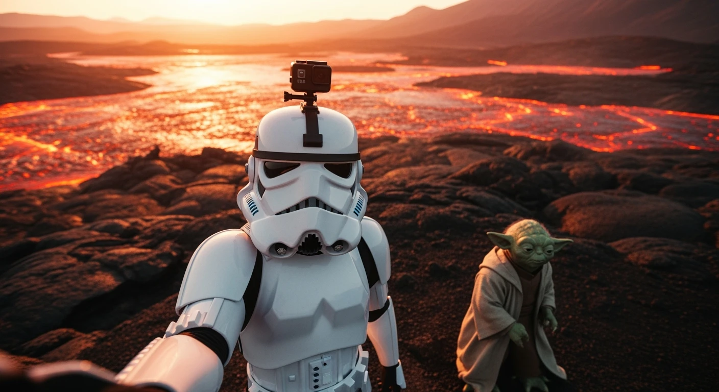 Cinematic still, Shot on vlog camera, Starwars stormtroopers vlogging , he is walking on lava planet with yoda emoji