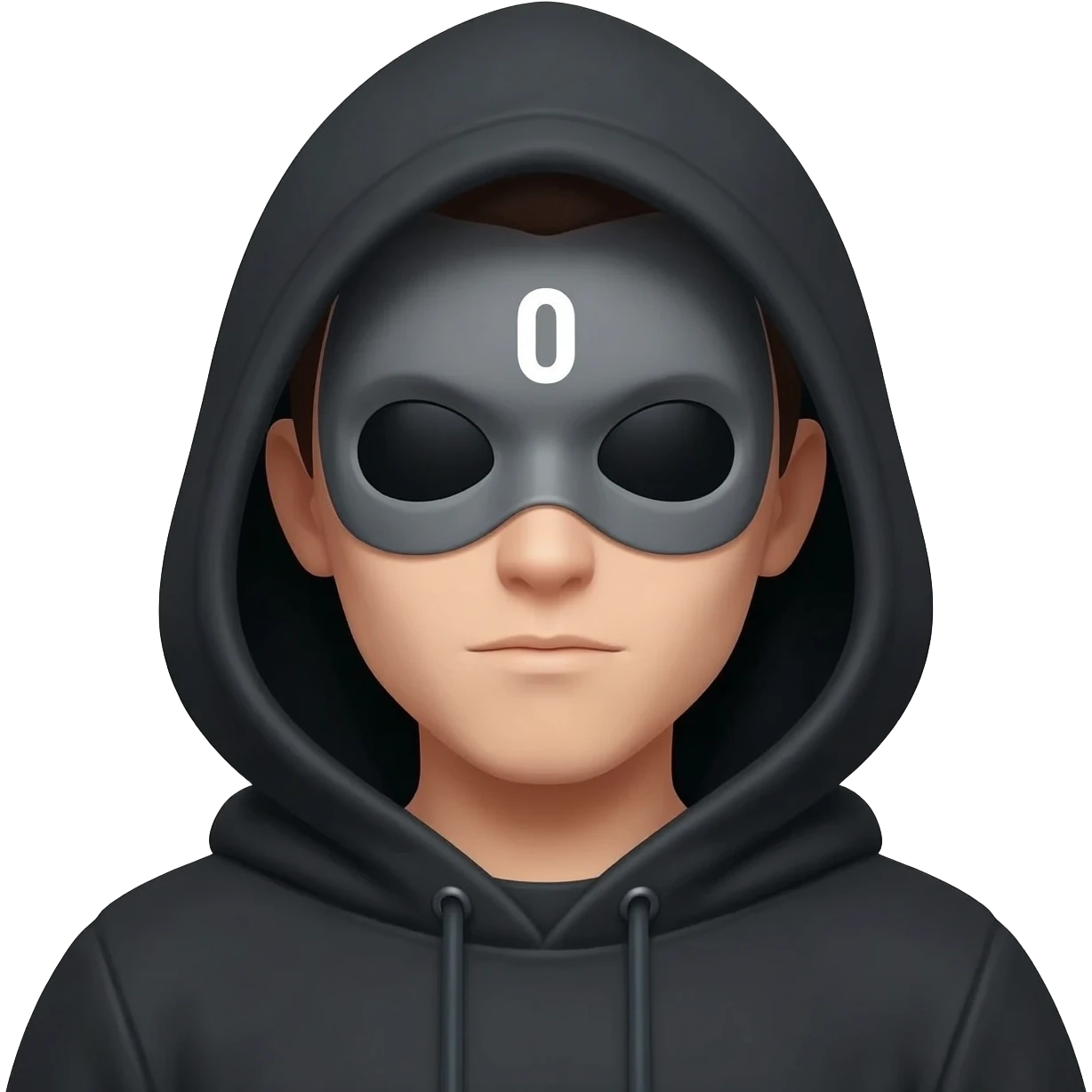 Binary system and "hacker" look, wearing a hoodie with the hood on, hide the hair under the hood,  the skin colorless for racial reasons, the hoodie is natural and black. Make it oriented around the number 0. emoji