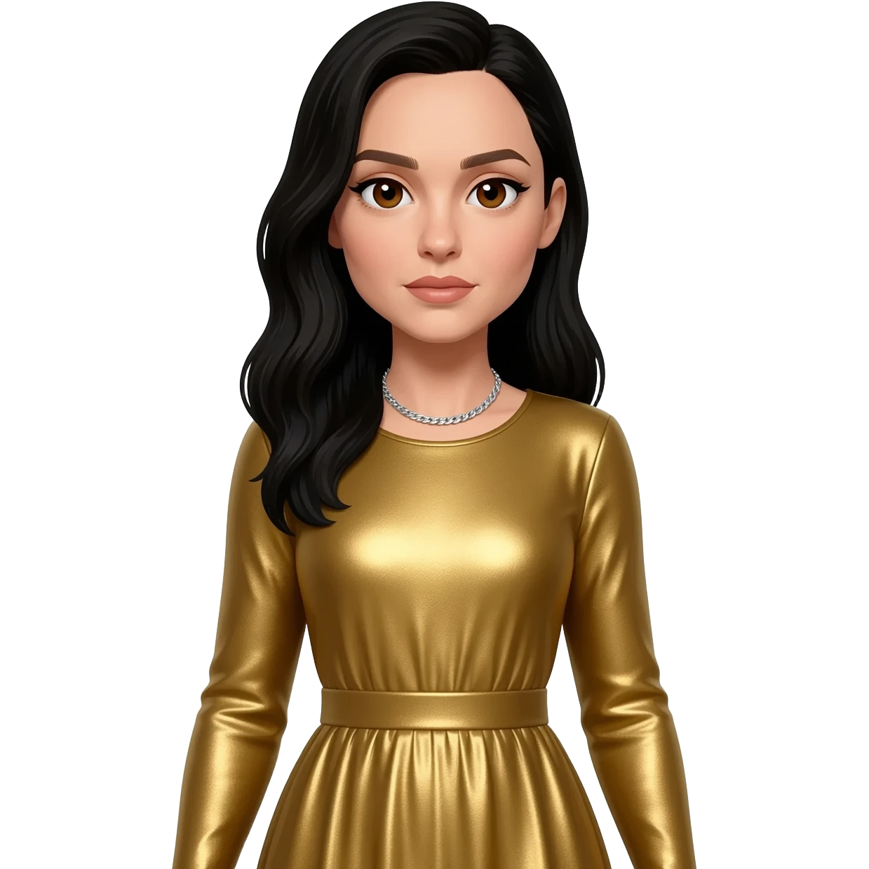 Gal Gadot with brown eyes, black long hair, gold metallic long sleeve dress, silver necklace emoji