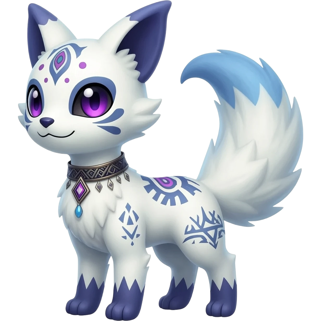 Rare white exotic cute epic aesthetic gothic colorful Salandit-Meowth-Absol-Furfrou-Sylveon-Civet-species-Fakemon-hybrid-creature, with a collar, and with intricate tribal markings, full body emoji