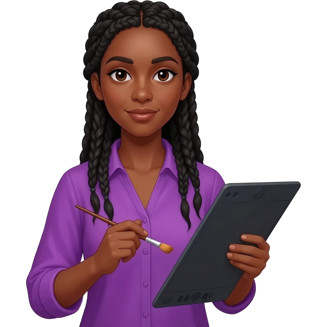 Emoji représentant une femme à la peau marron avec de longues braids noires et portant une belle chemise violette, tenant une tablette graphique dans une main et un pinceau dans l’autre emoji