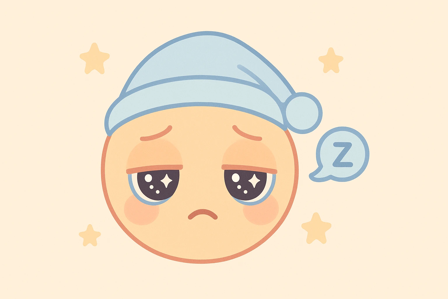 sleepy emoji with droopy eyes, a nightcap, and a snoring bubble, kawaii style emoji