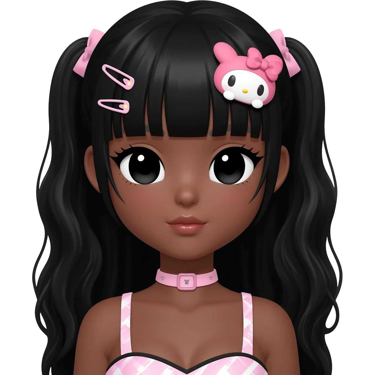 himegyaru, my melody hairclip, cutecore, doll eyes, Doll, big chest, dark brown skin, with middle part wavy long black hair,  black cute eyes, cute lips with Gyaru outfit emoji