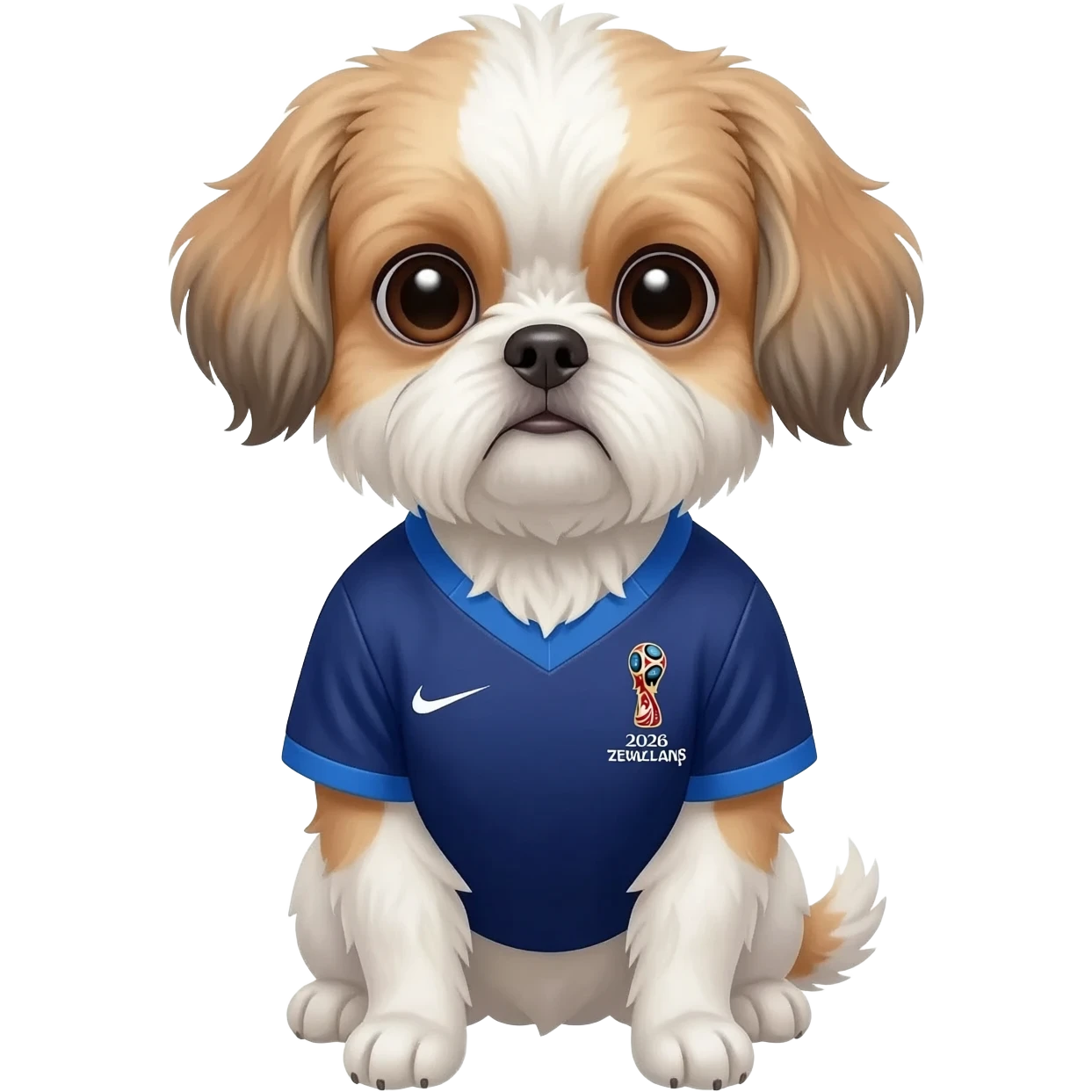 white and light brown shih zhu wearing a New Zealand soccer jersey v neck 2026 work cup emoji