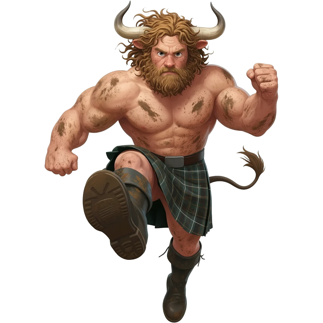 big buff curly hairy man covered in dirt with freckles with messy light brown bangs that covers his face completely with bull horns and bull ears and bull tail dressed in kilt jumped up kicking with his strong leg in boots with wind in his hair front view emoji