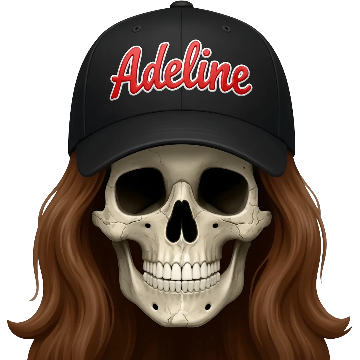Create a skeleton head wearing a black baseball cap that says " Adeline " in red, and white lettering, with long brown hair emoji