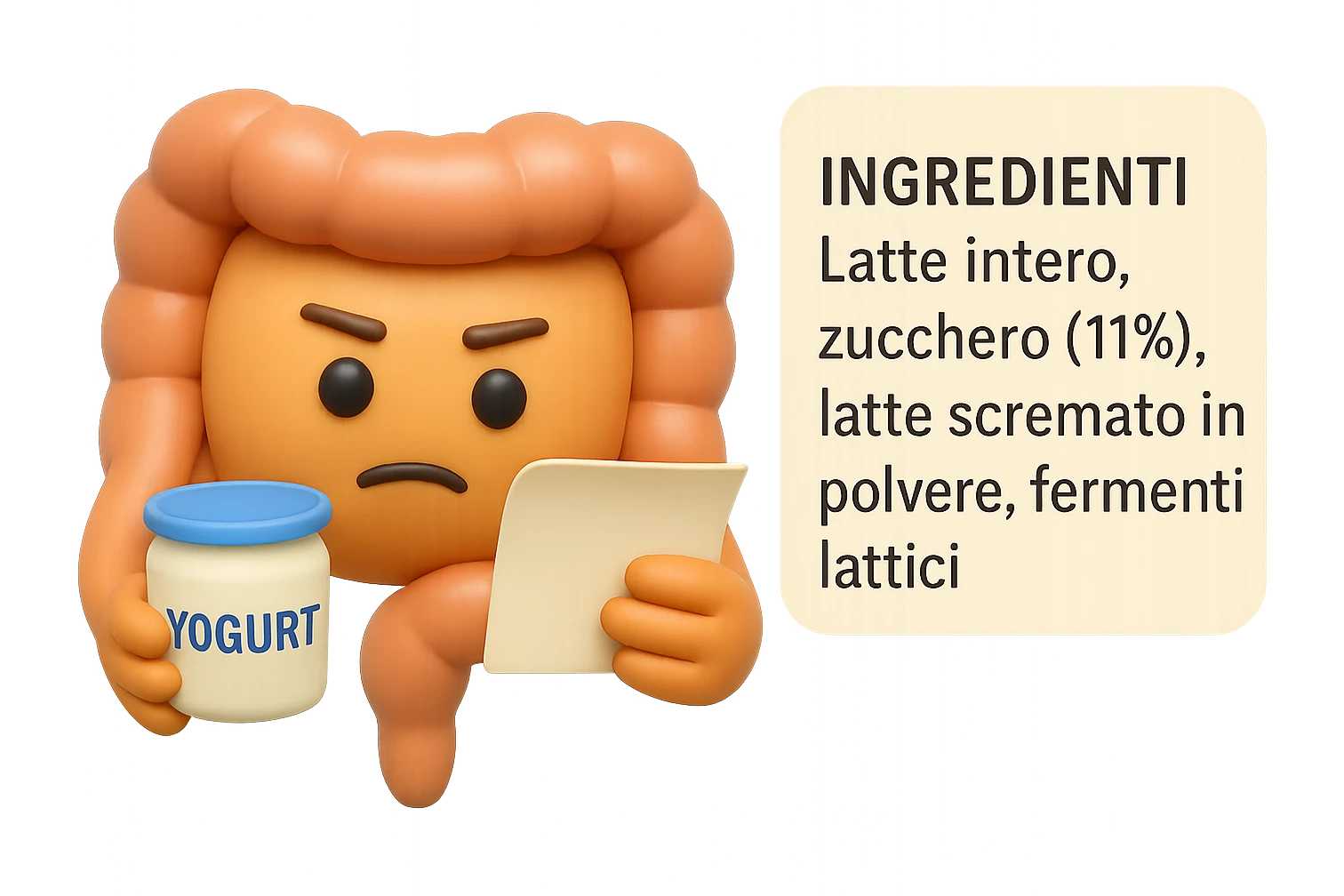 EMOJI STILE IPHONE 3D DI UN INTESTINO CHE HA IN MANO UN BARATTOLO DI YOGURT CONFEZIONATO DA SUPERMERCATO E LEGGE L'ETICHETTA NUTRIZIONALE CON GLI INGREDIENTI IN ITALIANO, ACCANTO ALLO YOGURT CHE HA IN MANO C'è UN FOCUS SULL'ETICHETTA CON GLI INGREDIENTI SCRITTI emoji
