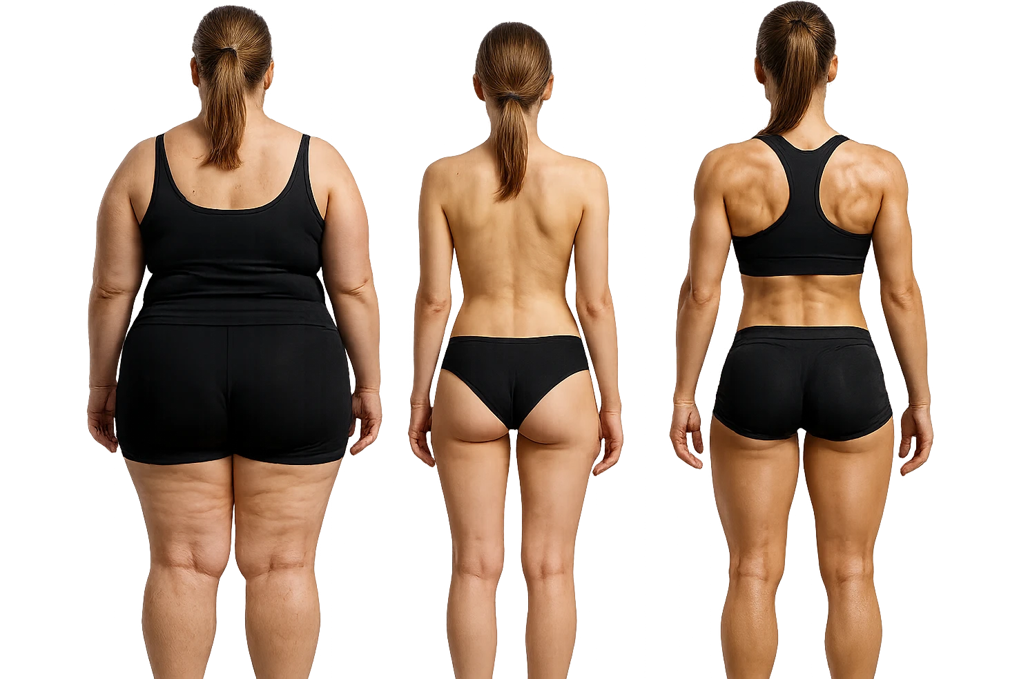 fai una donna di spalle in gym shorts leggermente sovrappeso e con cellulite e accanto una seconda donna di spalle magra (che è dimagrita post dieta) e accanto una terza donna in forma allenata e con le giuste proporzioni, l'immagine deve rappresentare il processo: da donna grassa, a donna piatta e magra, a donna allenata e in forma con i giusti muscoli, iperrealistico 4k emoji