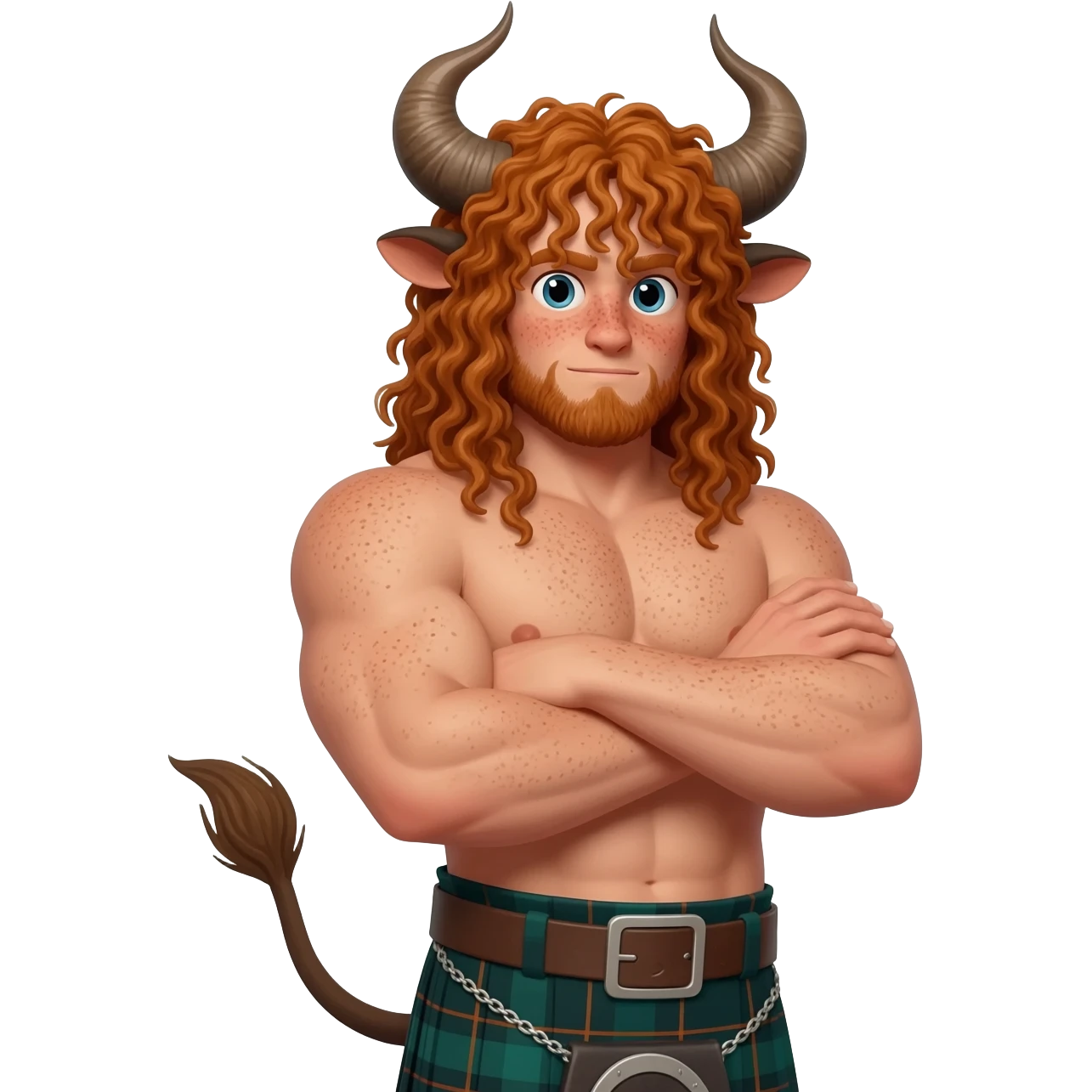 ginger curly buff hairy man with freckles with with messy extra long bangs covering the eyes like scottish bull with bull horns and bull ears and bull tail dressed in kilt posing with his arms crossed emoji
