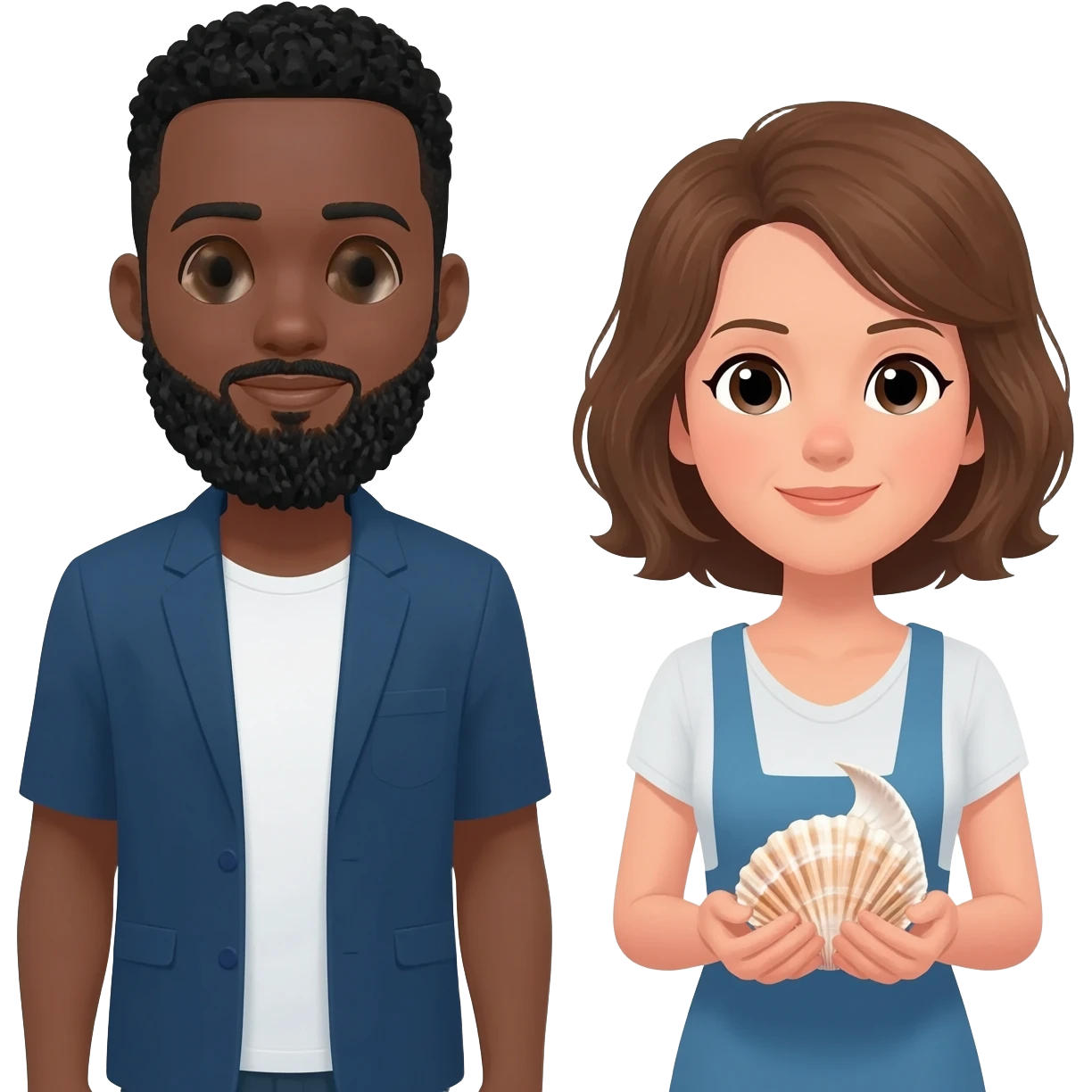 Homem negro com barbicha e mulher branca com caracois emoji