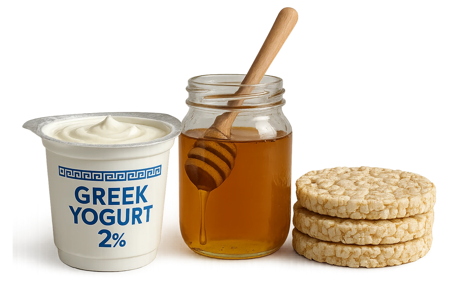 Yogurt Greco 2%
Miele
Gallette di Riso
vista frontale, iperrealistico 4k emoji