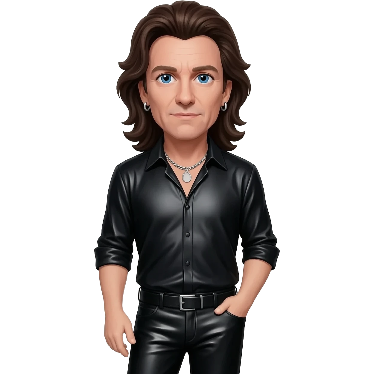 Bono from U2 with blue eyes, long dark brown hair, black metallic shirt, black metallic dress pants, silver necklace and short earrings emoji