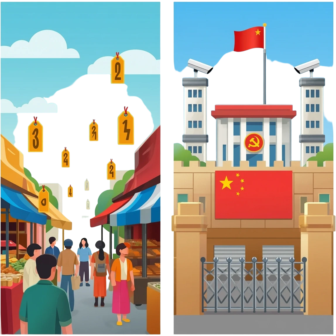 liberal economic system vs authoritarian political system, under the Chinese Communist Party emoji