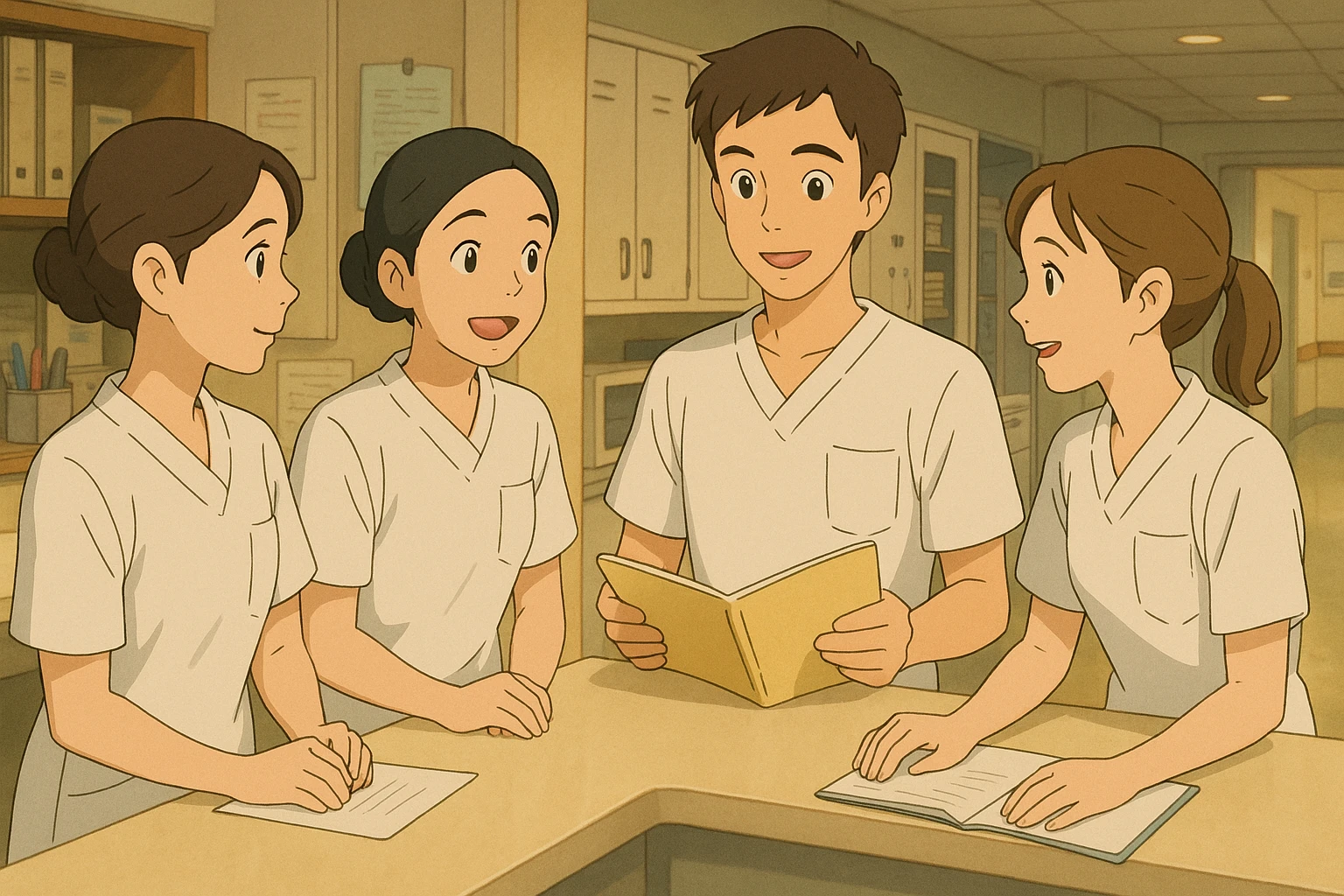 Team scene of four nursing students inspired by photos, interacting in a care station, Ghibli style. White uniforms, medical tunics with V-neck, left chest pocket, short sleeves, no classic collar, no visible accessories. Collaborative and caring atmosphere. emoji