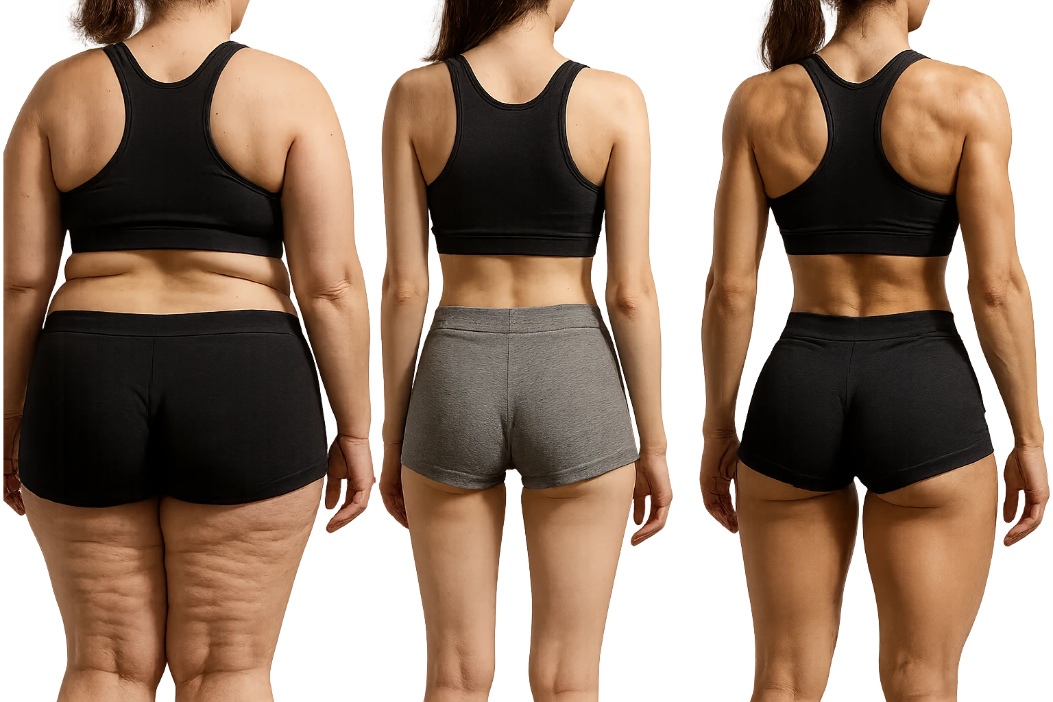fai una donna di spalle in gym shorts leggermente sovrappeso e con cellulite e accanto una seconda donna di spalle magra (che è dimagrita post dieta) e accanto una terza donna in forma allenata e con le giuste proporzioni, l'immagine deve rappresentare il processo: da donna grassa, a donna piatta e magra, a donna allenata e in forma con i giusti muscoli, iperrealistico 4k emoji