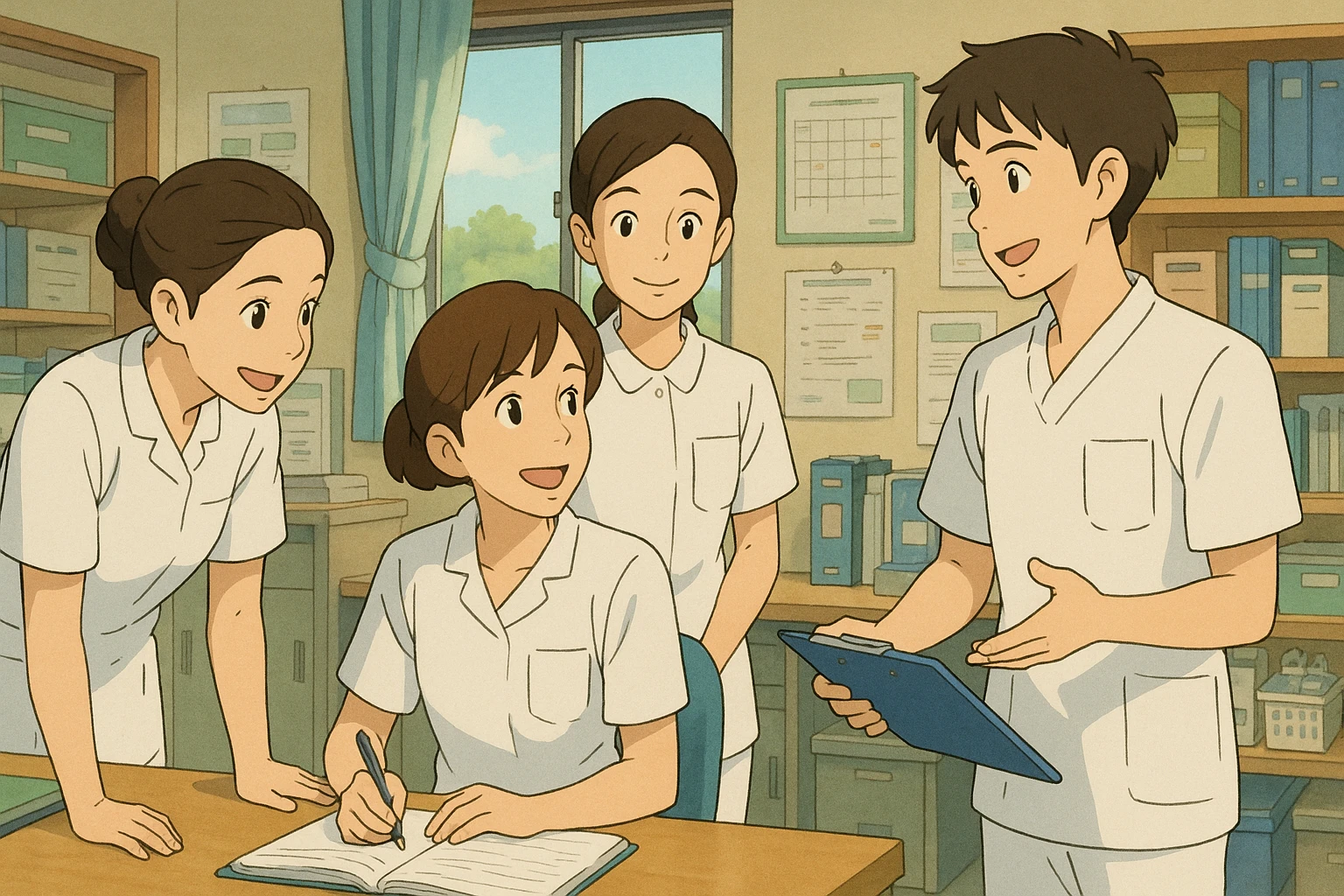 quatre étudiants infirmiers en interaction, style Ghibli, poste de soin, uniformes blancs à manches courtes, tuniques médicales col en V, poche poitrine à gauche, pas de stéthoscopes ni vêtements sous les manches, ambiance collaborative emoji