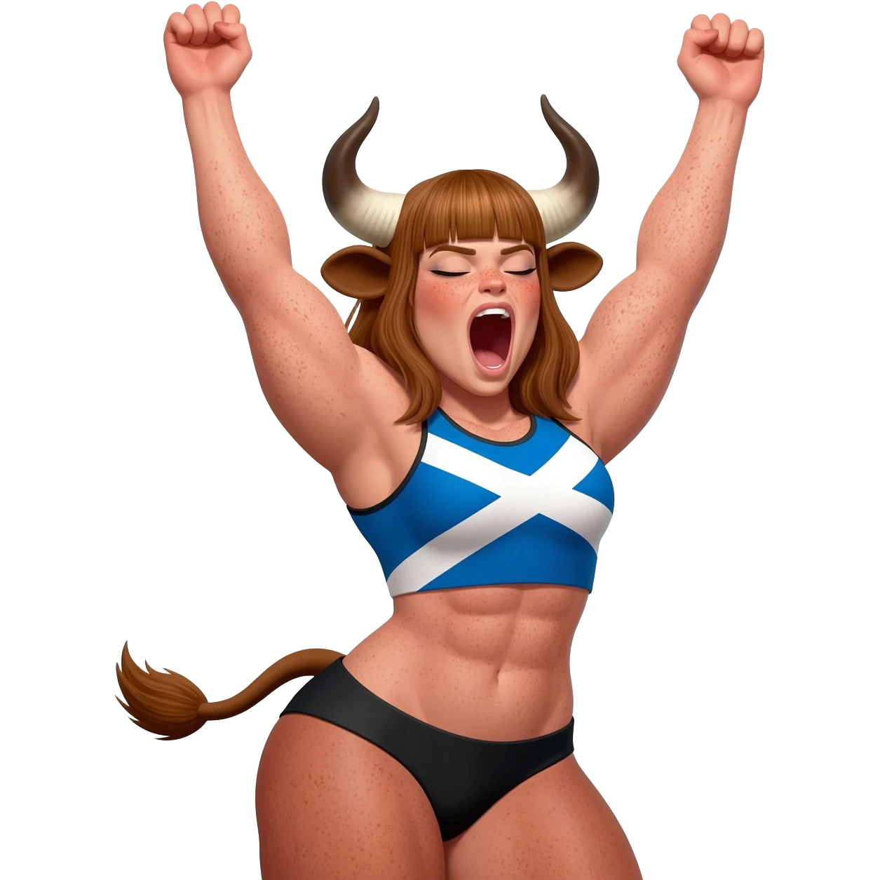 muscular hairy buff curly woman with frecles with light brown messy hair with straight bangs with brown cow tail with fat thights with cow horns and cow brown ears with extra large breasts dressed in crop top with scottish flag stretches her arms up and yawns eyes closed squints her eyes emoji