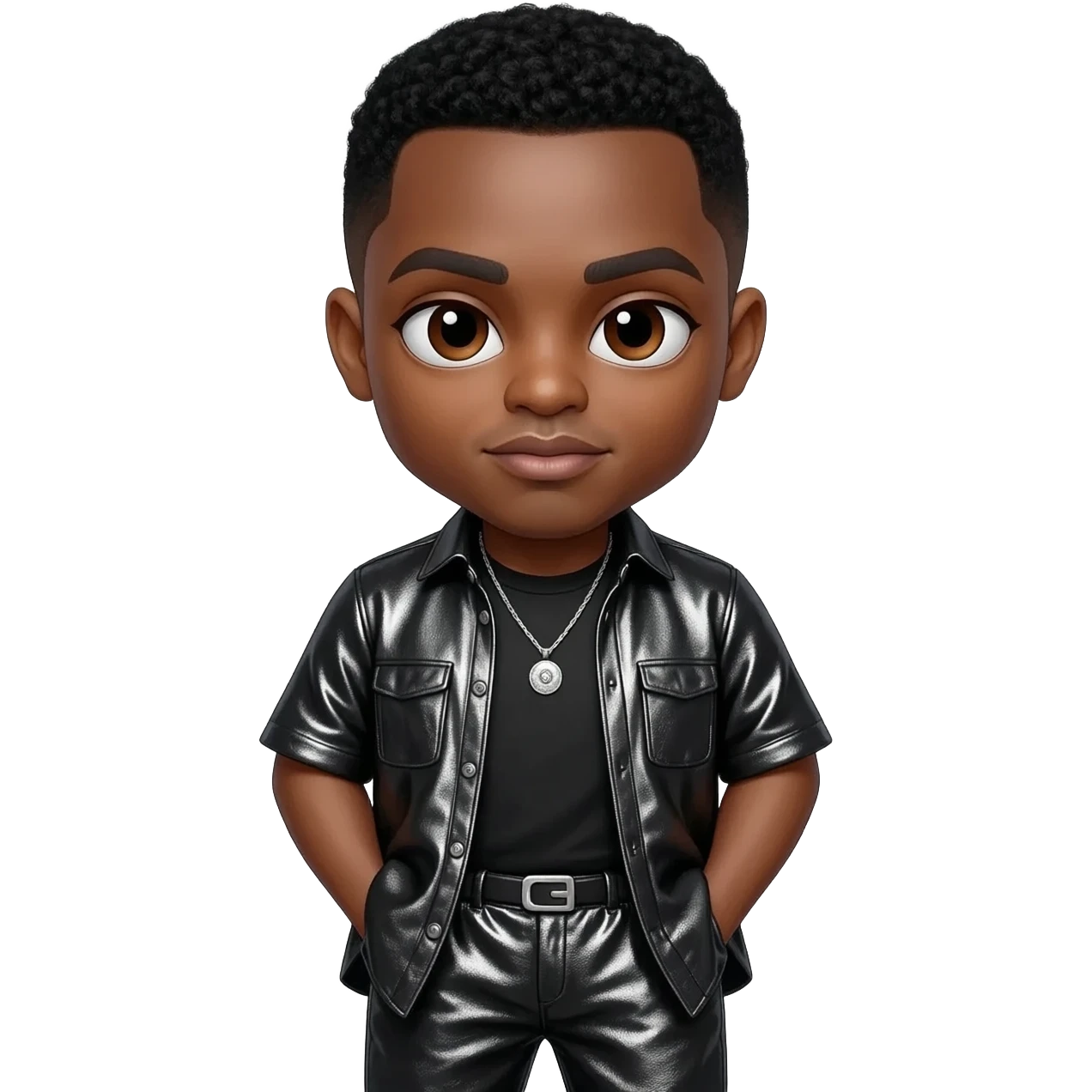 El DeBarge with brown eyes, black hair, black metallic shirt, black metallic baggy dress pants, silver necklace emoji