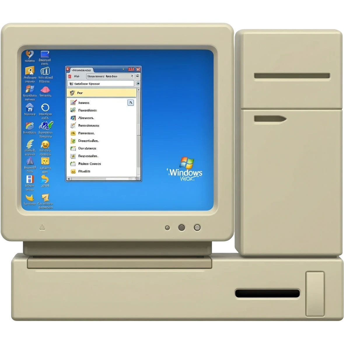 An old 2000s computer, with Windows XP on the screen. Inside the screen, a few tabs are open, including a tab with a happy face. emoji