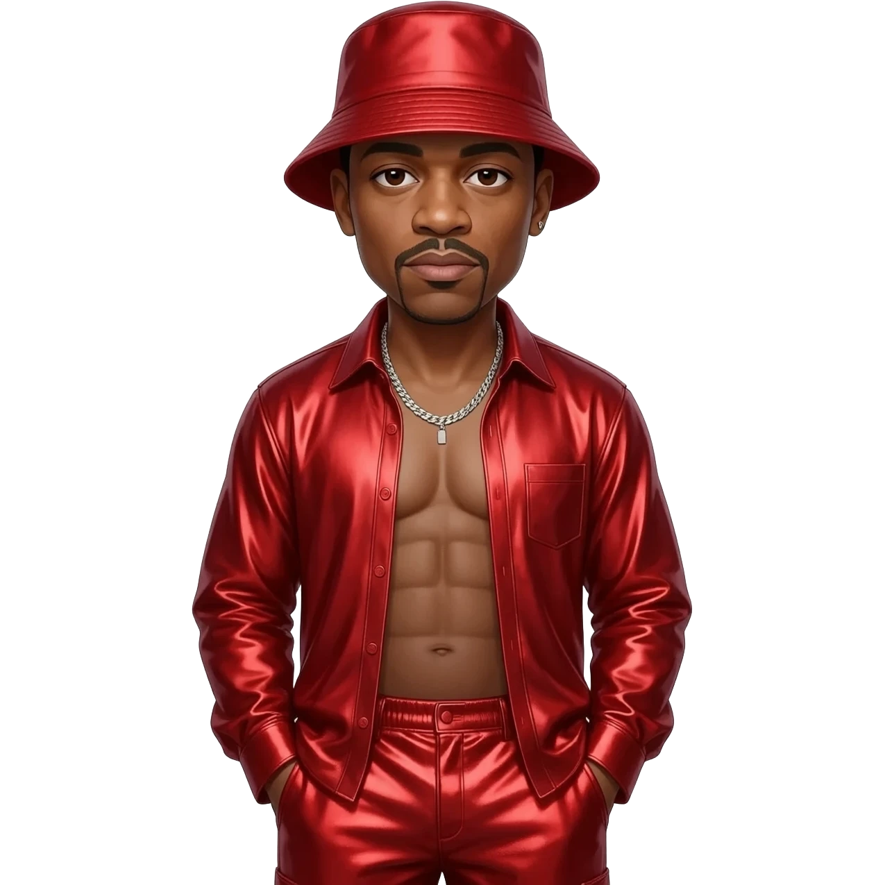 LL Cool J with dark brown eyes, red bucket hat, red metallic open shirt, red metallic baggy pants, shirtless with silver necklace emoji