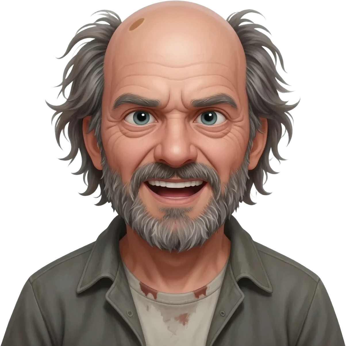 A crazy 40 year old man worn clothes, balding with a island patch in the middle emoji