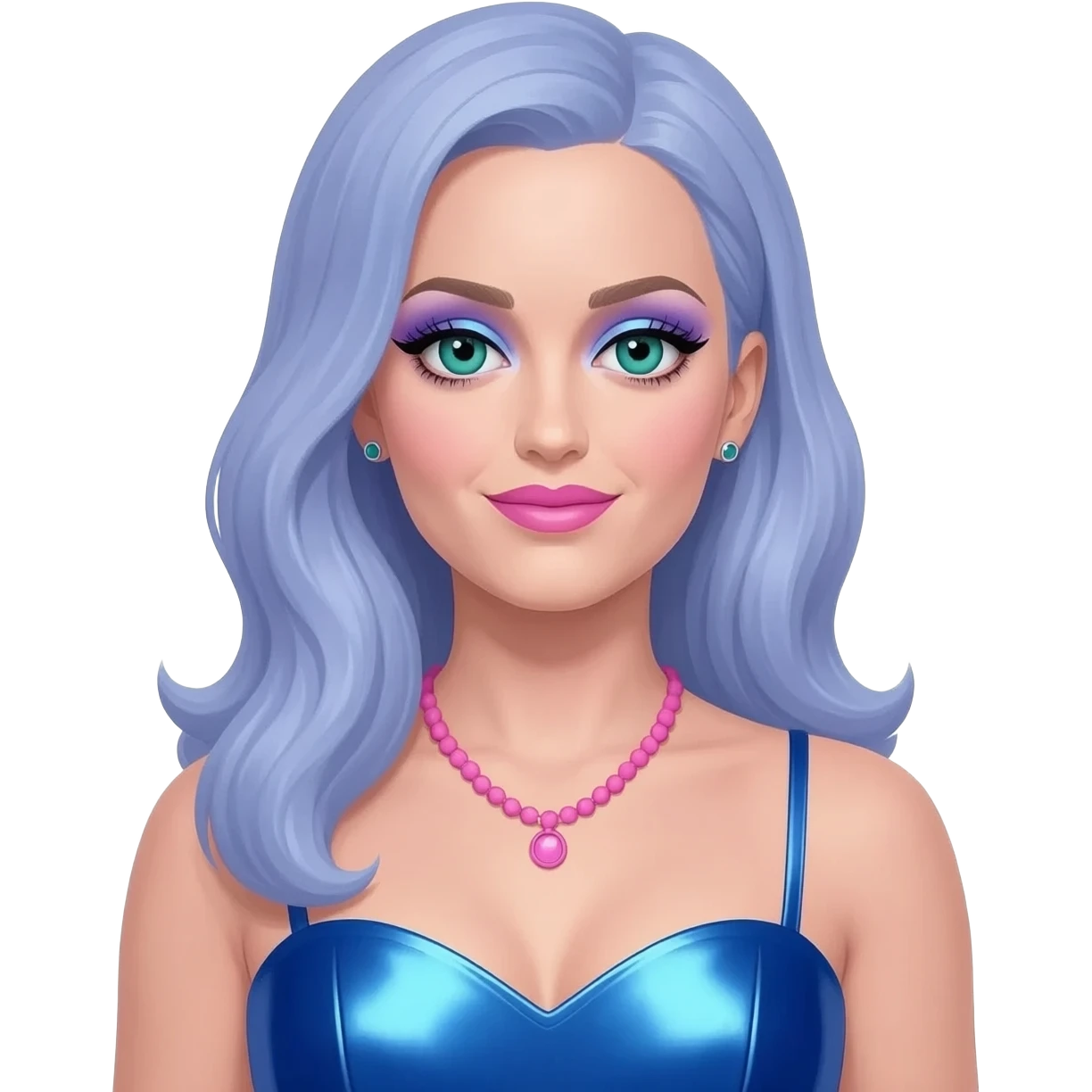 Katy Perry with teal eyes, long periwinkle hair, periwinkle eyeshadow, pink lipstick, cobalt blue metallic sweetheart dress, pink necklace and short earrings emoji