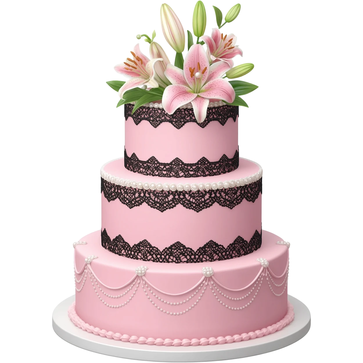 Pastel pink wedding cake with and with black and white lace, pearls and lilies on top emoji