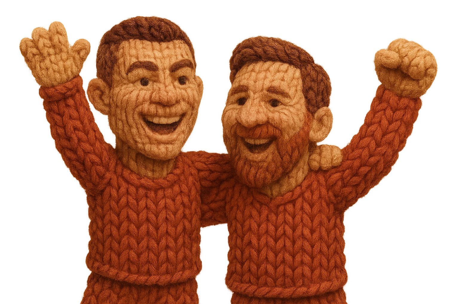 happy Cristiano Ronaldo and Lionel Messi celebrating together, both as red knitted thread dolls, realistic painted cartoon style emoji