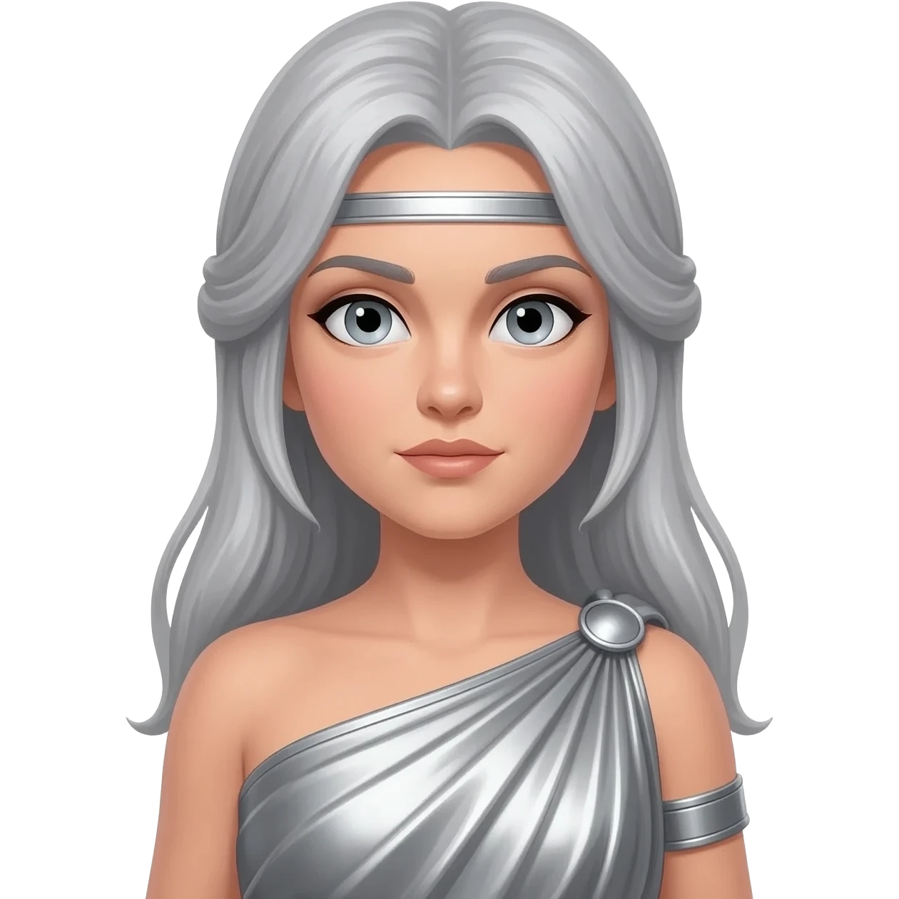 Diana from Roman Mythology with grey eyes, long silver hair, silver metallic peplos emoji