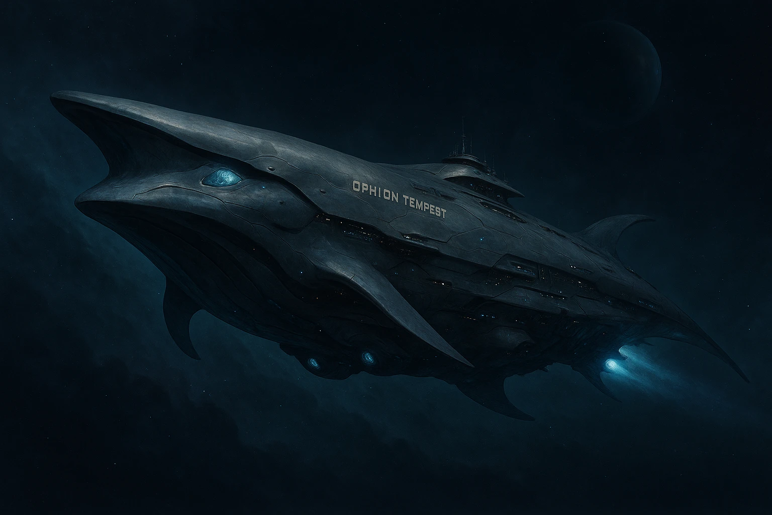 capital class space cruiser supercarrier of Zrian [human] origins, named the "Ophion Tempest"
The ship has a sleek design, mimicking a prehistoric sea-mammal or Cetacea  emoji