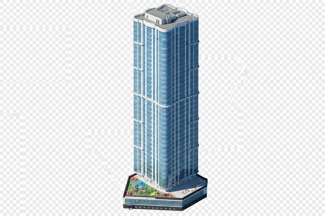 Изометричная, яркая, детализированная, объемная и фотореалистичная иллюстрация одной отдельной башни ЖК «Volga Sky» в Саратове. Чёткие контуры, не размазанные линии, высокое качество, прозрачный фон, не обрезать края картинки emoji
