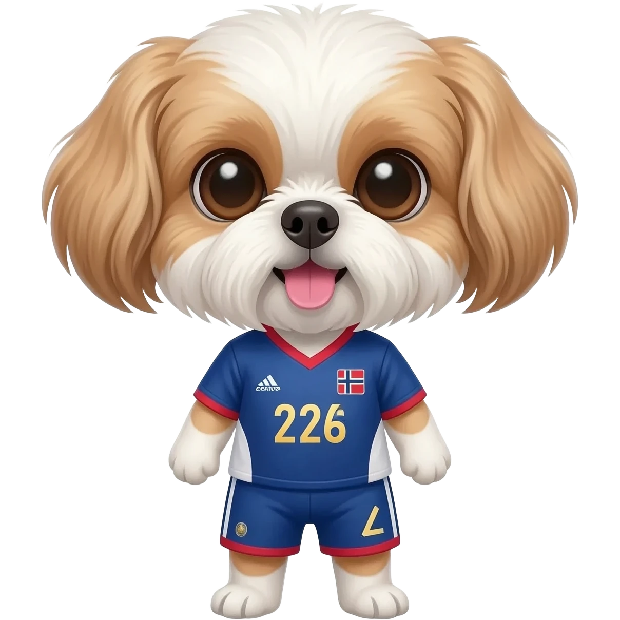 white and light brown shih zhu wearing a Norway soccer jersey v neck 2026 work cup emoji