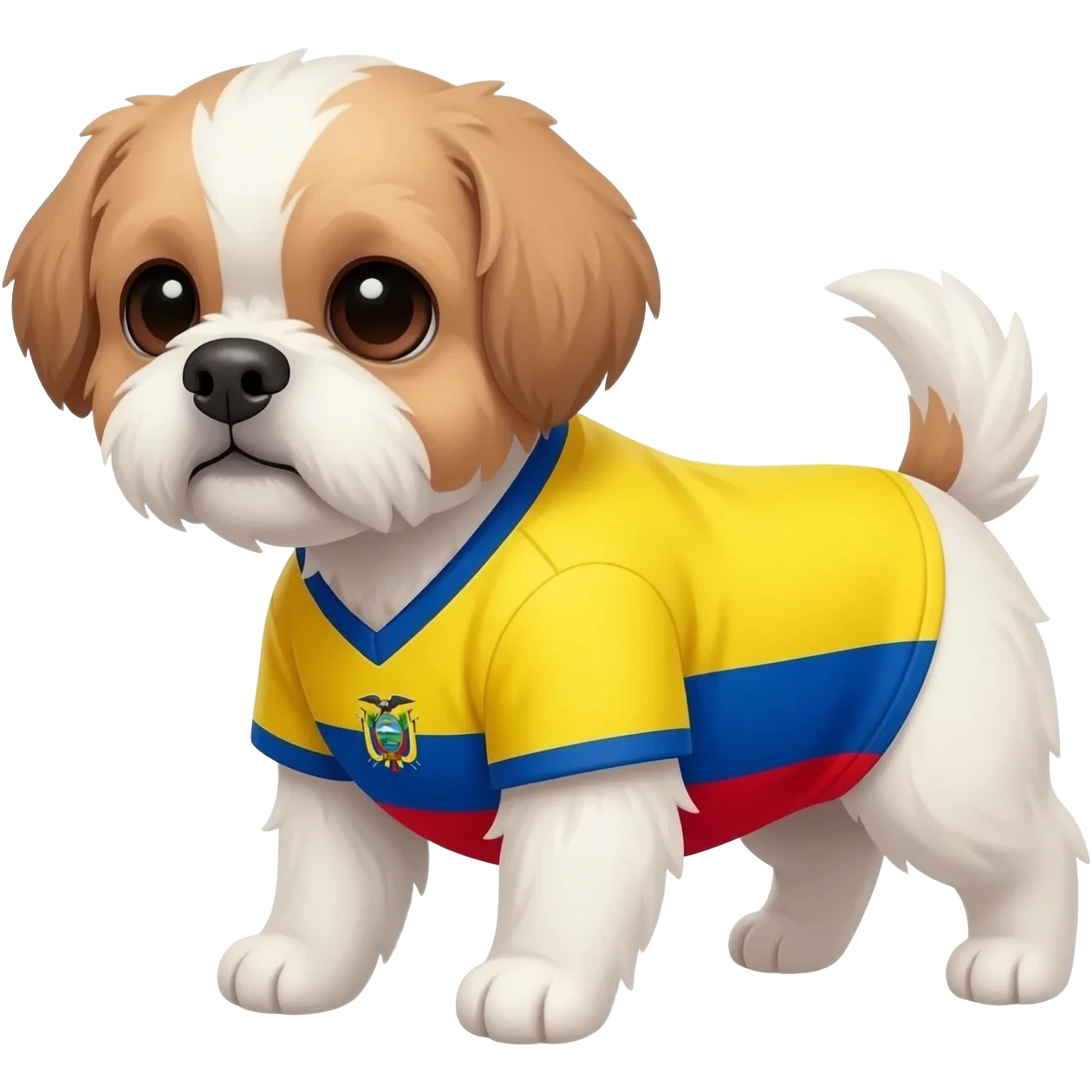 white and light brown shih zhu wearing a Ecuador soccer jersey v neck 2026 work cup emoji