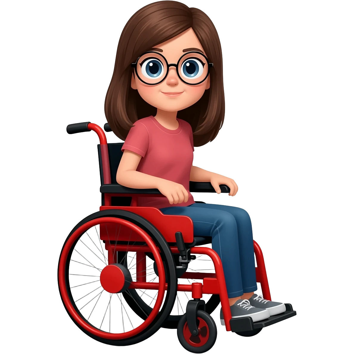Brown hair girl with circle glasses in a rayo McQueen wheelchair emoji